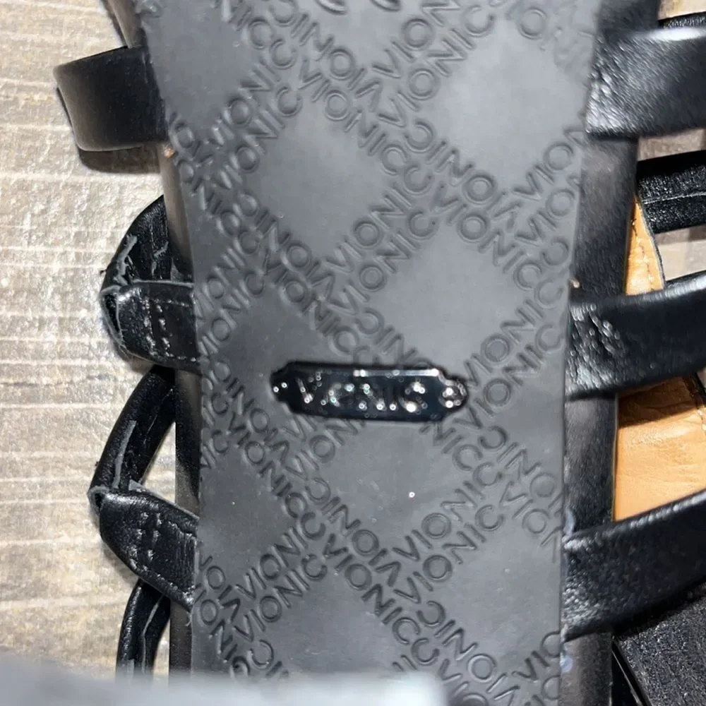 Vionic black Sami  leather ankle strap caged 3.5” block sturdy heels